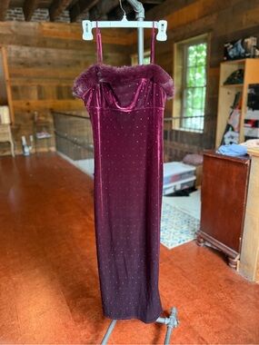 Zara Burgundy Velvet Maxi Dress with Faux Fur Trim